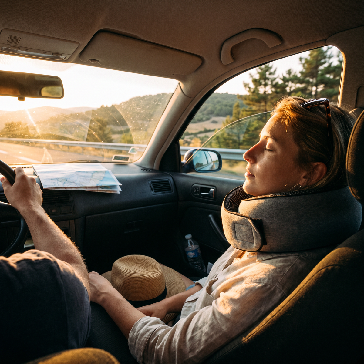 Passagère endormie en voiture avec le coussin Nuvagio