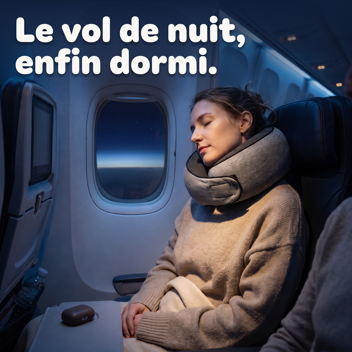 Voyageuse endormie en vol de nuit avec le coussin Nuvagio 360°