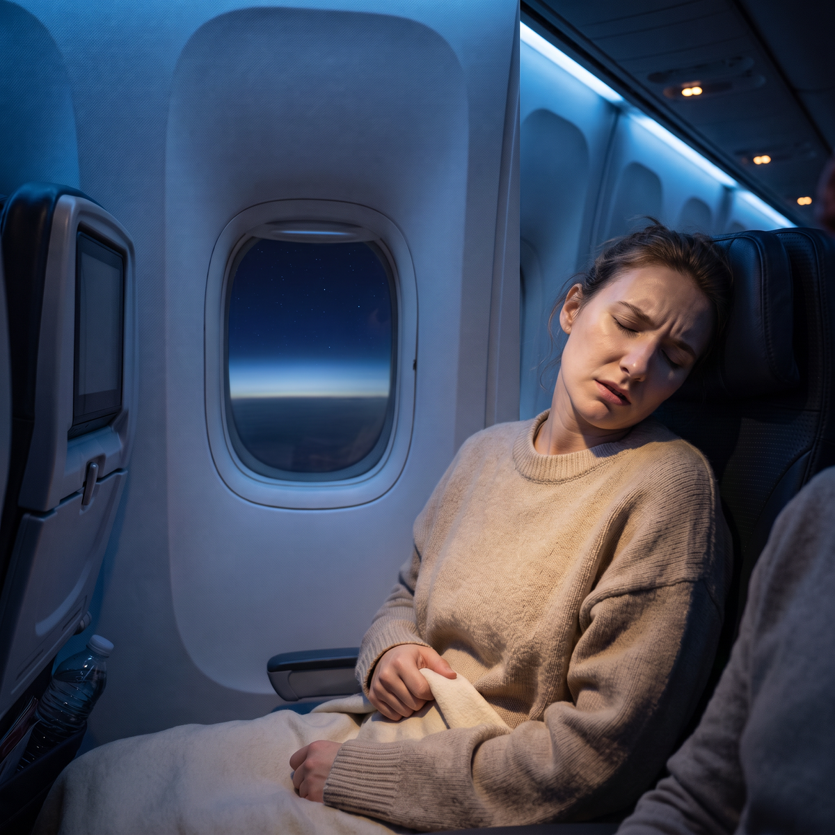 Voyageuse sans coussin, la tête tombée sur le côté en plein vol de nuit
