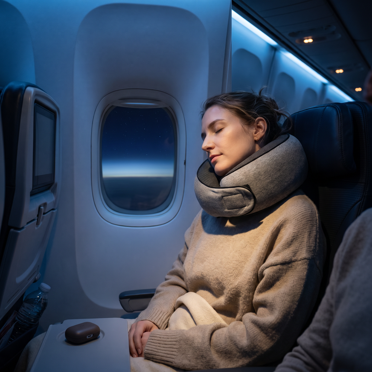 Voyageuse endormie en vol de nuit avec le coussin Nuvagio